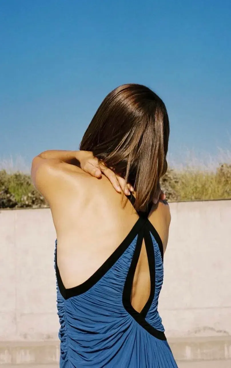 Christopher Esber V-neck Suspended Jersey Fluted Mini Dress Blue Iris Size 6 for rent on The Volte - main image