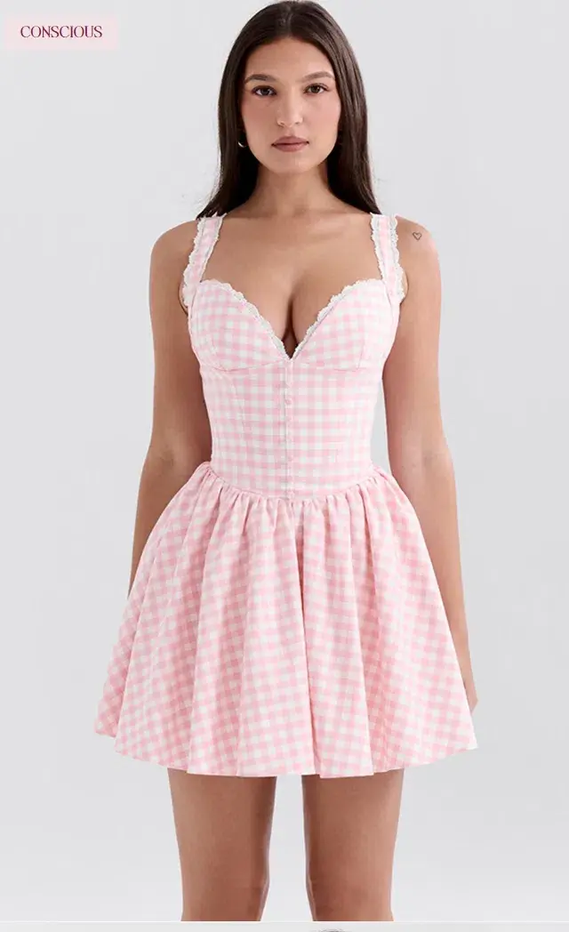 House of CB Brigitte strawberry shortcake gingham corset mini dress for rent on The Volte - main image