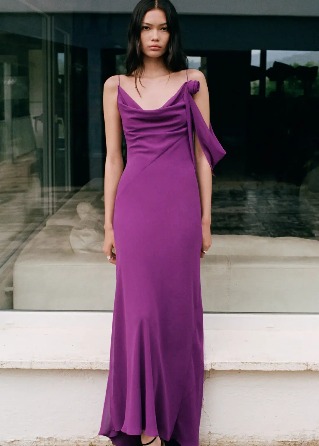 M.N.G Draped dress with flower detail Purple Size M for rent on The Volte - main image
