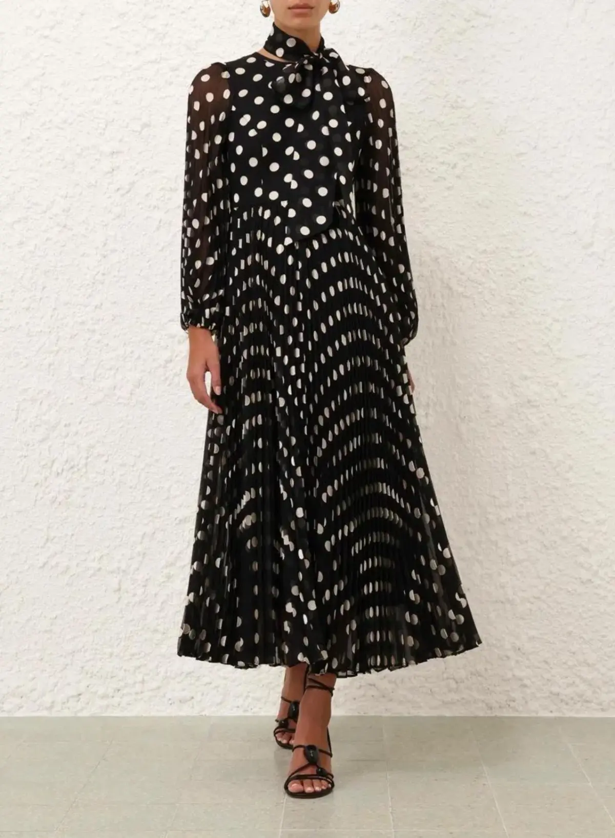ZIMMERMANN SUNRAY LONG SLEEVE MIDI DRESS IN BLACK/CREAM DOT SIZE 1 - Image 1
