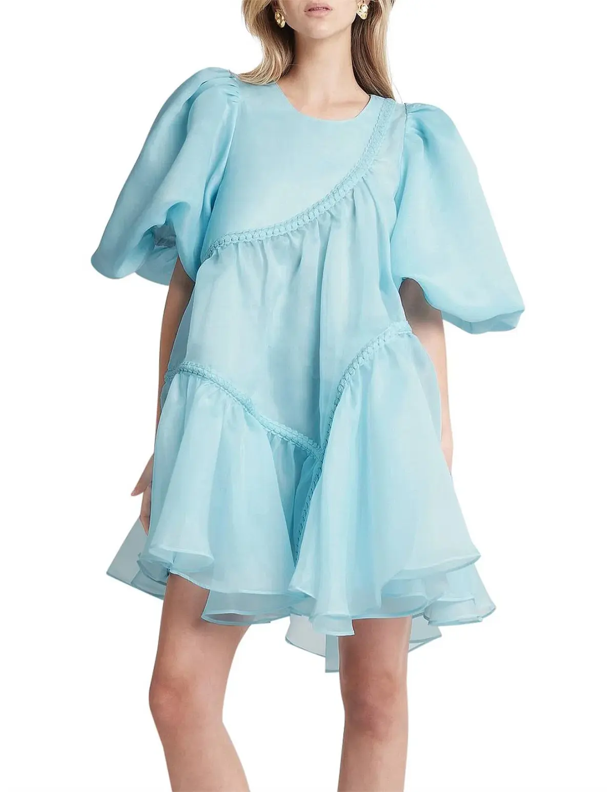 AJE RIVIERA ASYMMETRIC BRAIDED PUFF SLEEVE SMOCK DRESS BLUE SIZE 12 - Image 5
