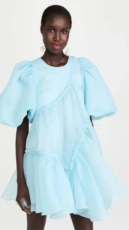 AJE RIVIERA ASYMMETRIC BRAIDED PUFF SLEEVE SMOCK DRESS BLUE SIZE 12 - Image 4