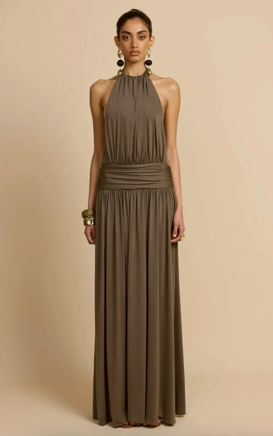 arcina ori, SANTINA DRESS KHAKI, maxi, size 8 for rent on The Volte - main image