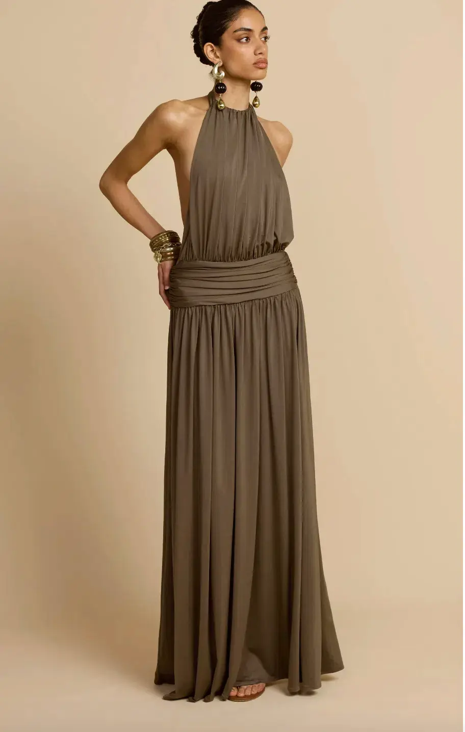 arcina ori, SANTINA DRESS KHAKI, maxi, size 8 for rent on The Volte - main image