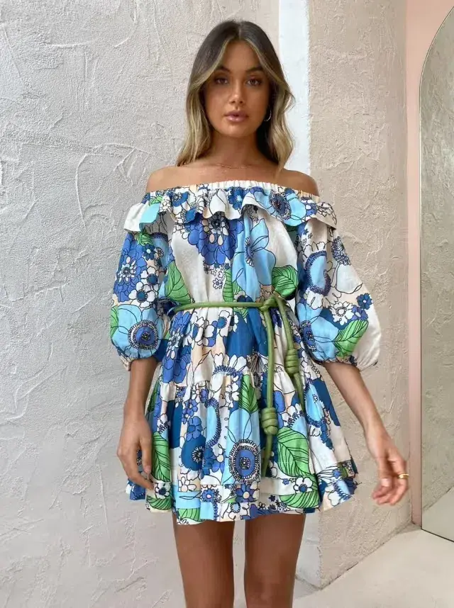 Alemais Farrah Ruffle Mini Dress Blue Floral Size XS / AU 6 for rent on The Volte - main image