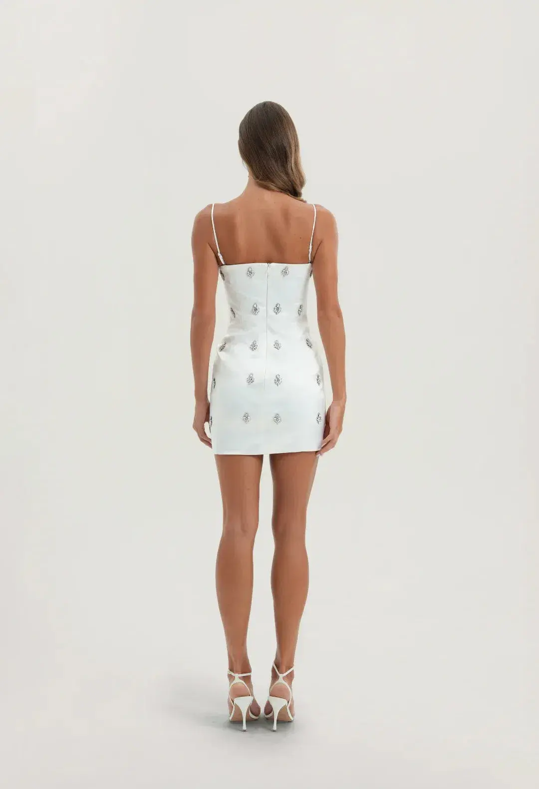 Sydney Lane Celeste Crystal White Mini Dress With Satin Neck Tie Size 8 Small for rent on The Volte - main image