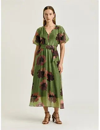 Veronika Maine WATER POPPY BELTED MIDI DRESS Green Size 8 for rent on The Volte - main image