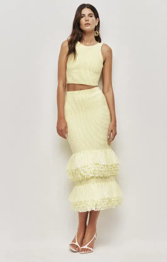 AJE Agave Knit Top and Agave Knit Raffia Midi Skirt Lemon Size S for rent on The Volte - main image