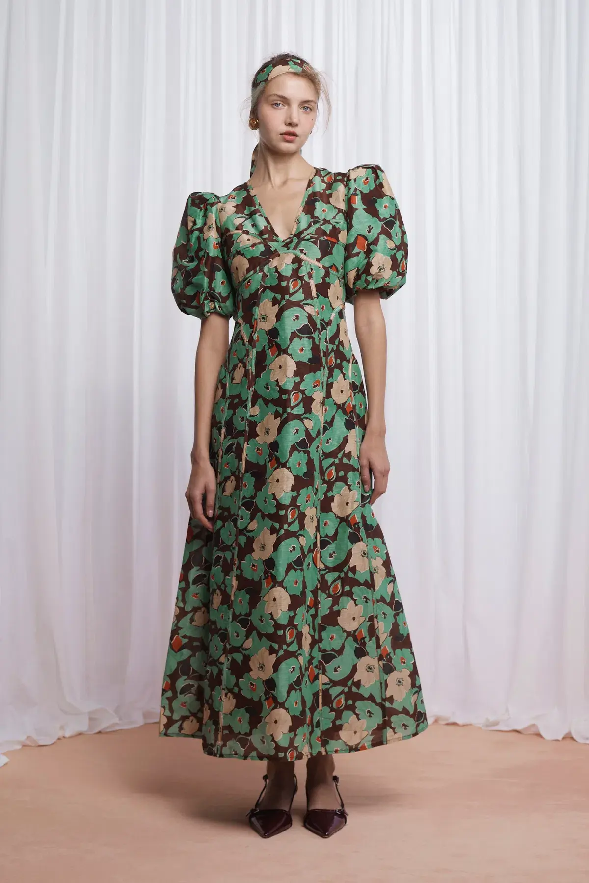 Lovaan Adeline Silk Linen Floral Dress Green Size 10/M - Image 1