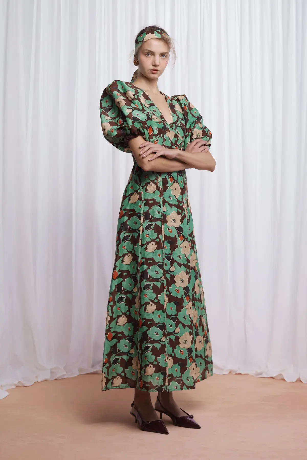 Lovaan Adeline Silk Linen Floral Dress Green Size 10/M - Image 4