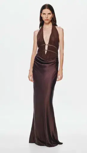 MISHA Celine Satin Maxi Brown size 10 for rent on The Volte - main image