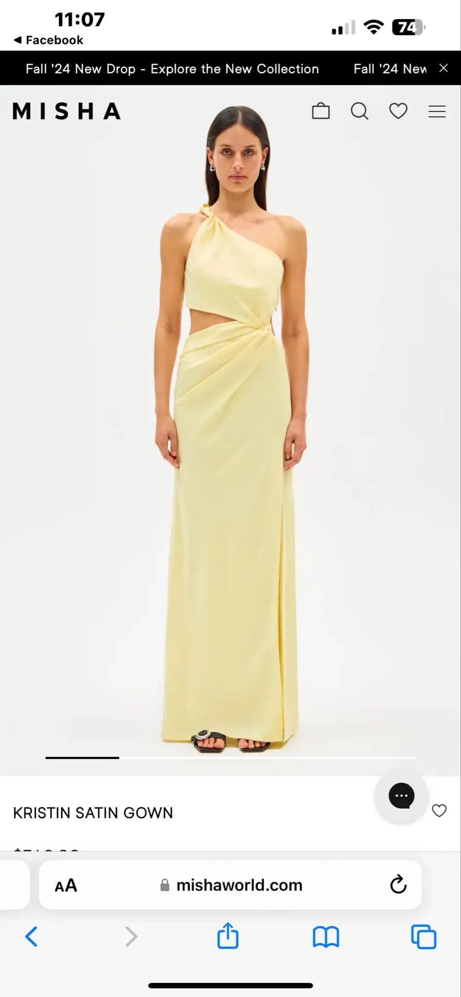 MISHA Kristin Satin Gown - soft yellow - size 8 for rent on The Volte - main image