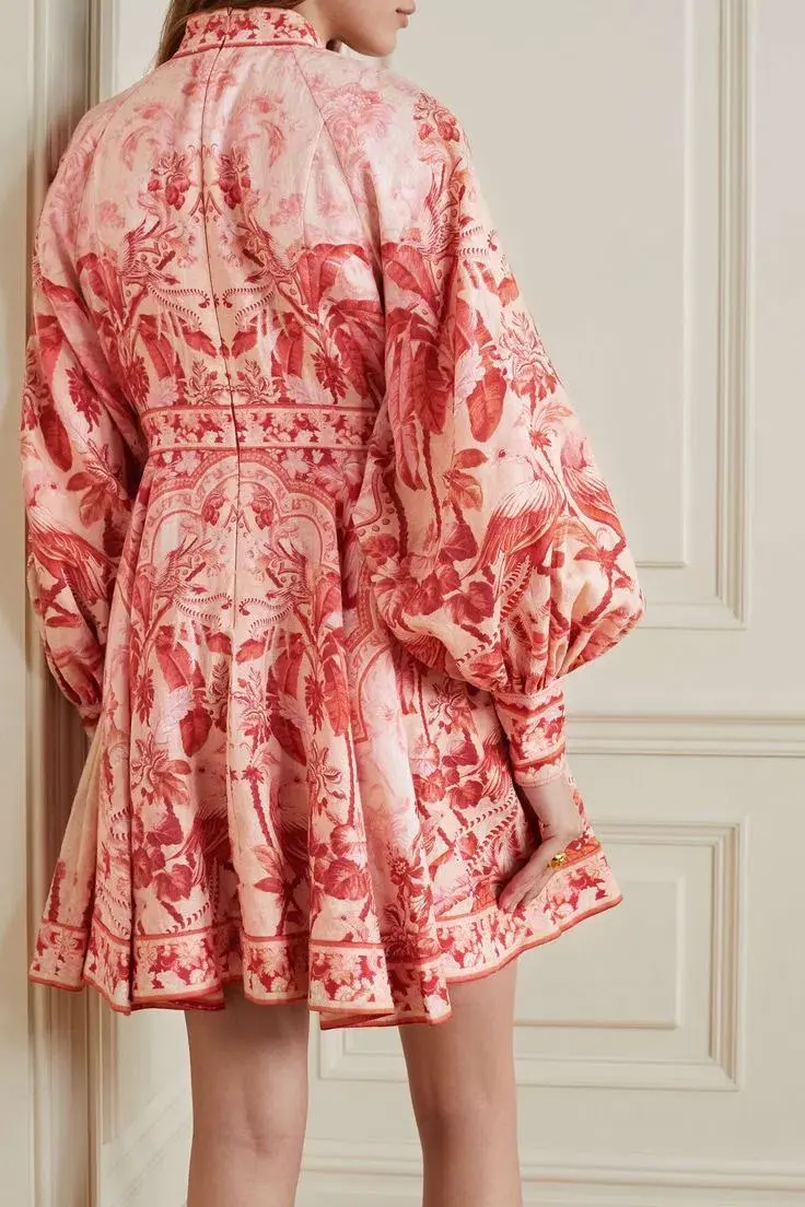 Zimmermann Lyre Billow Sleeve Mini Dress Red Palm Size 2 (AU 12) for rent on The Volte - main image