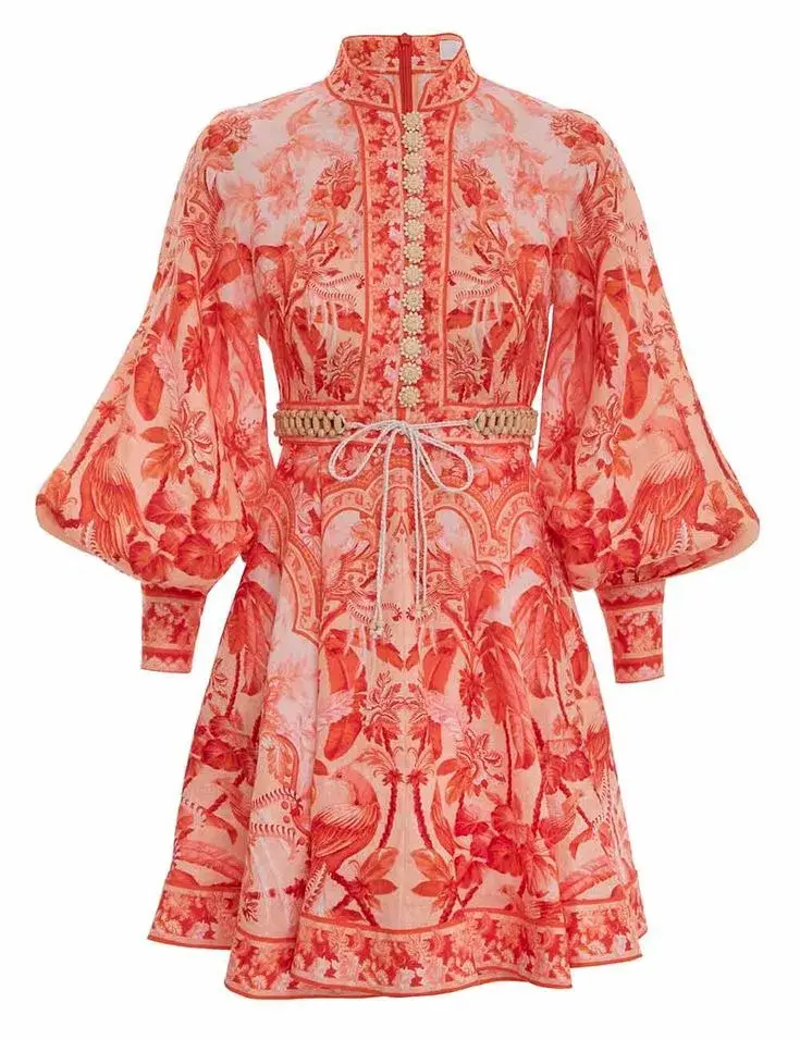 Zimmermann Lyre Billow Sleeve Mini Dress Red Palm Size 2 (AU 12) for rent on The Volte - main image