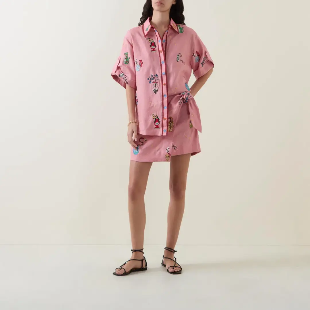 ALEMAIS Timmy Embroidered Shirt & Sarong Skirt Pink Size 10 AU for rent on The Volte - main image