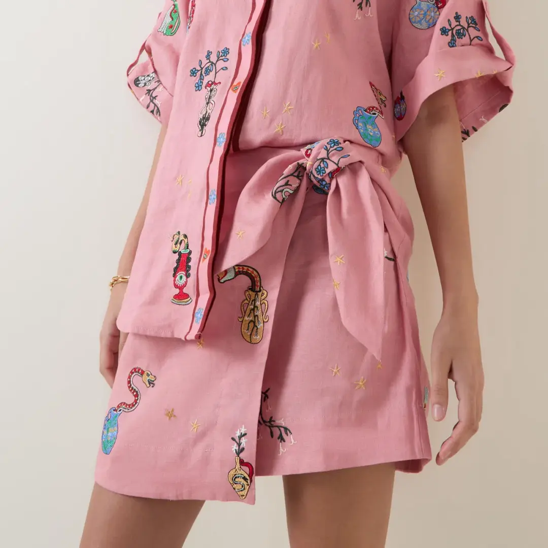ALEMAIS Timmy Embroidered Shirt & Sarong Skirt Pink Size 10 AU for rent on The Volte - main image