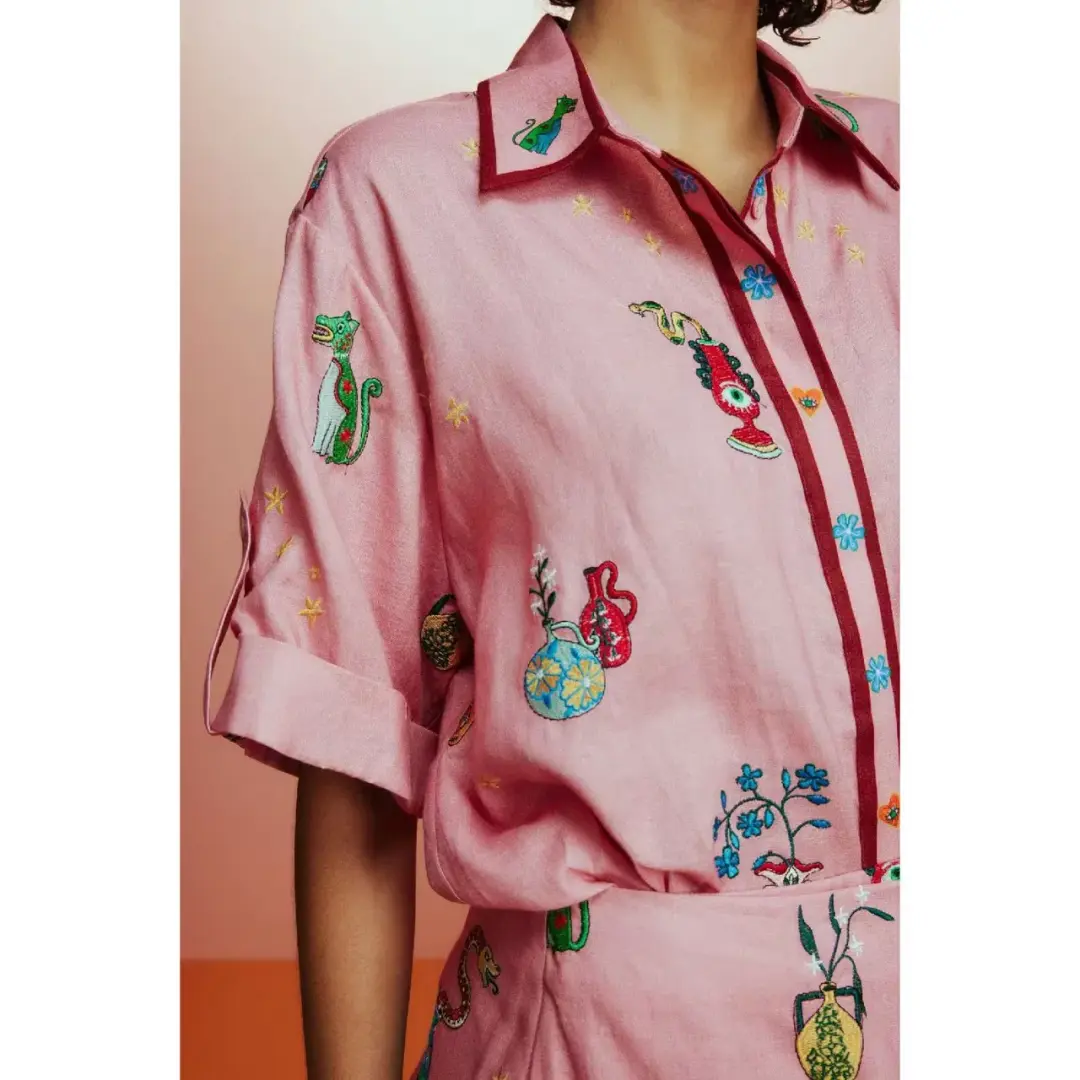ALEMAIS Timmy Embroidered Shirt & Sarong Skirt Pink Size 10 AU for rent on The Volte - main image