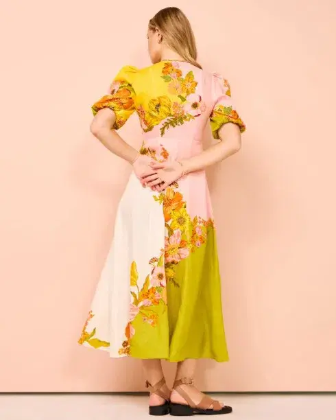Alemais Silas Midi Dress Yellow Pink Floral Print Size 10 - Image 2