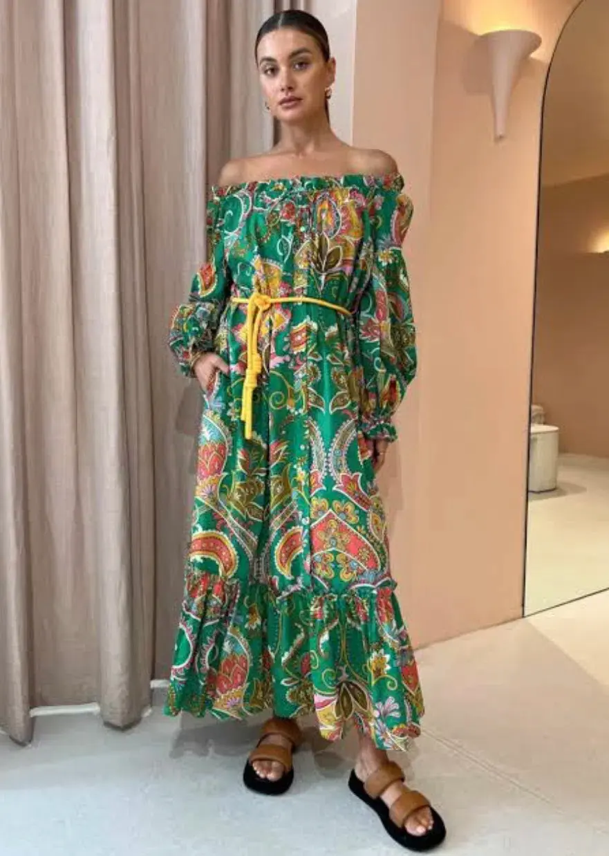 Alemais Marion Off Shoulder Midi Dress Size AU 12 US 8 Green Organic Cotton - Image 1