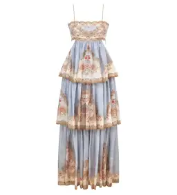 Zimmermann Daylight Tiered Maxi Dress Wallpaper Floral Denim Size 1/AU 8
