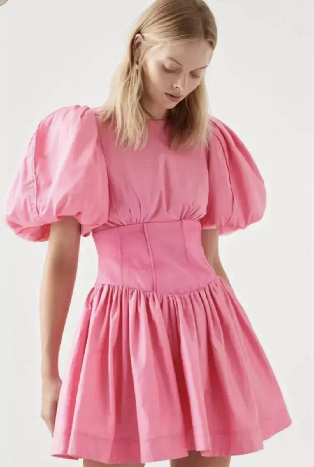 Aje Gianna Pink Cotton Puff Sleeve Dress Size 8 Mini Short Length - Image 1