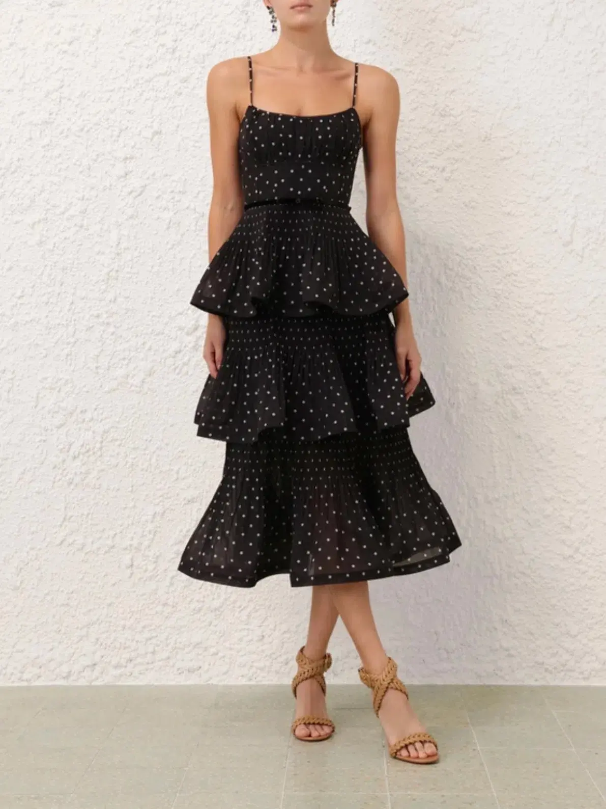 Zimmermann Pleated Tiered Midi Dress in Black Polka Dot Size 2/AU 12 - Image 1