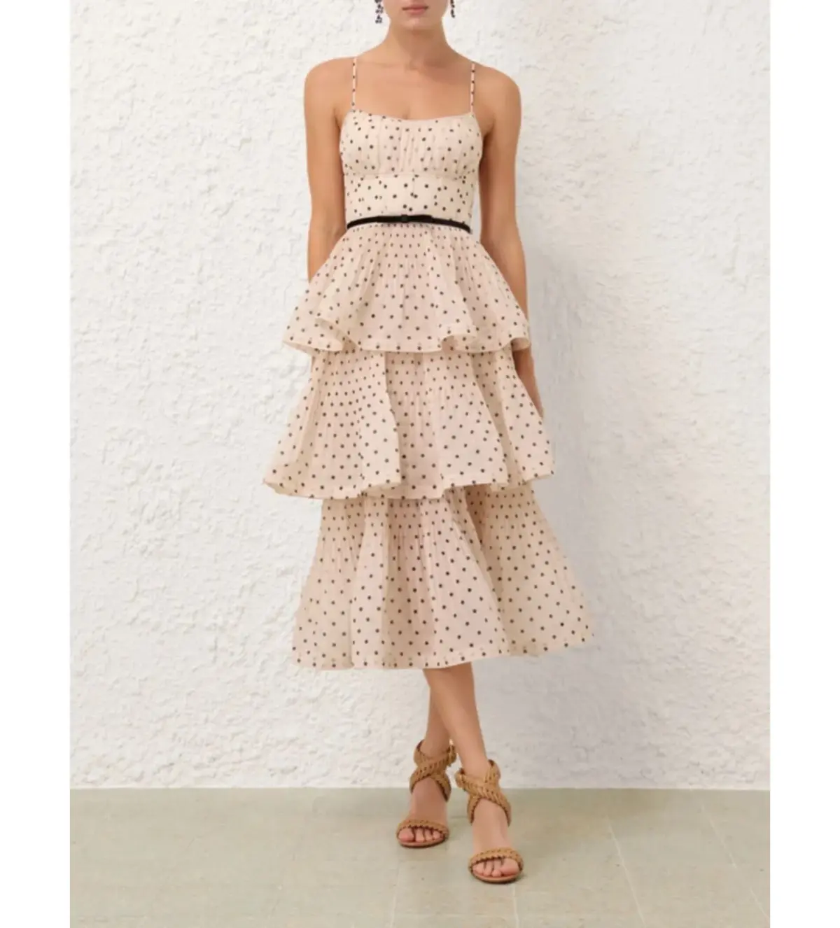 Zimmermann Pleated Tiered Midi Dress in Cream/Black Polka Dot Size 2/AU 12 - Image 1