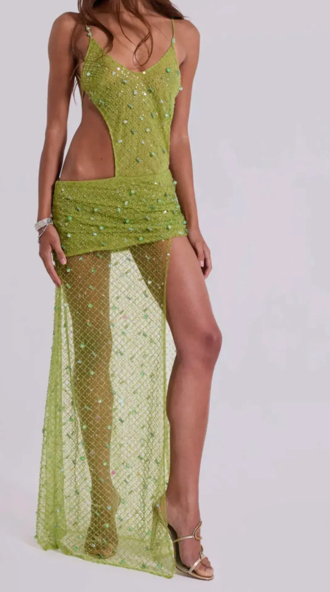 Jaded London - Stellar Asymmetric Hand Beaded Maxi Dress in Lime - Image 2