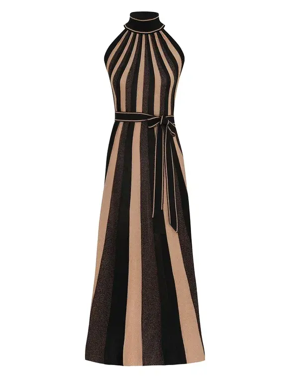 Zimmermann Hypnotic Halter Midi Dress Metallic Gold Stripe Size 1 - Image 1