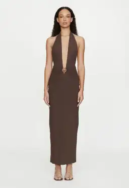 Christopher Esber Mineral Stone Ruched Halter Lycra Dress Umber Size 6 for rent on The Volte - image 1