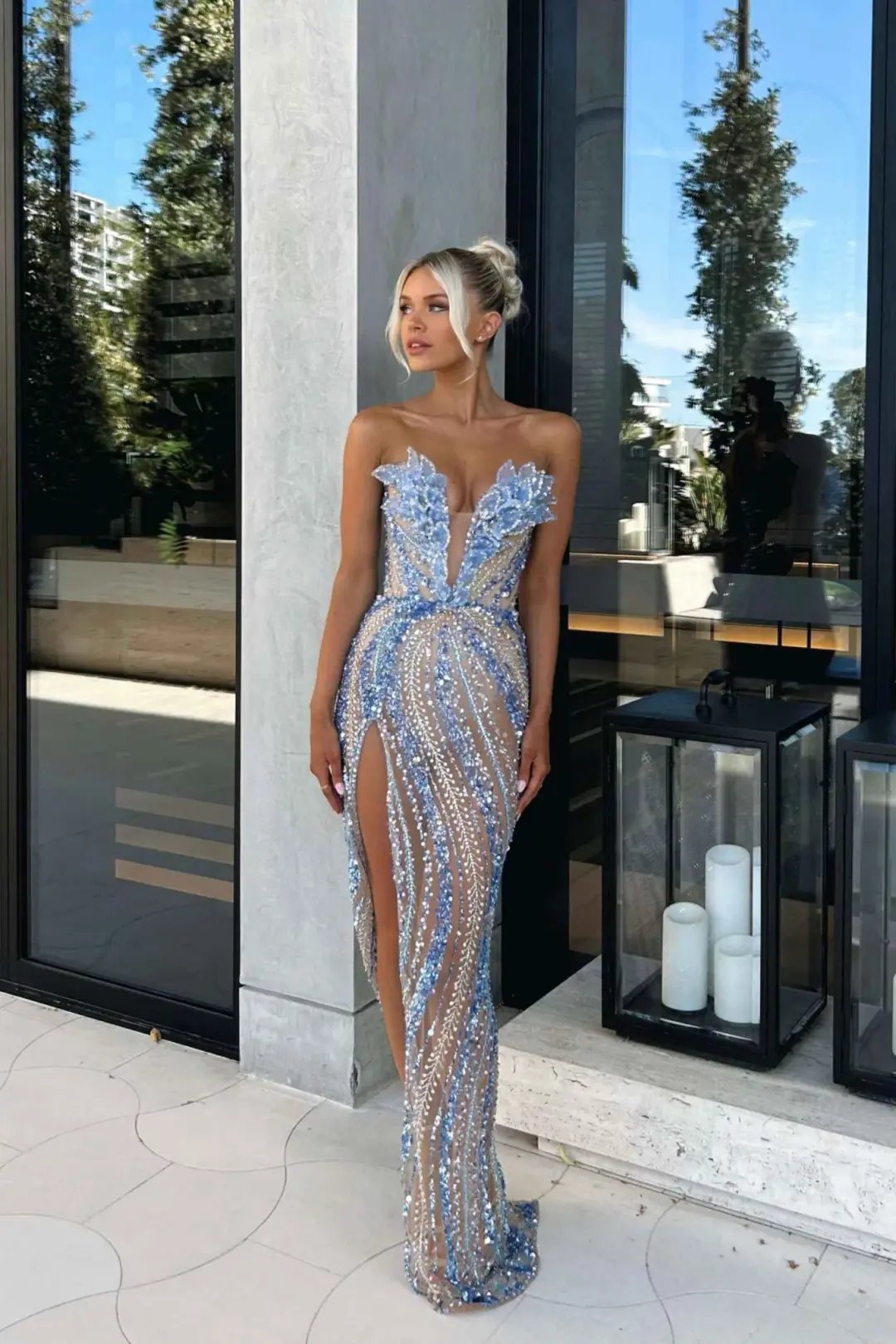 Albina Dyla - Blue embellished dress with leaf corset for rent on The Volte - main image