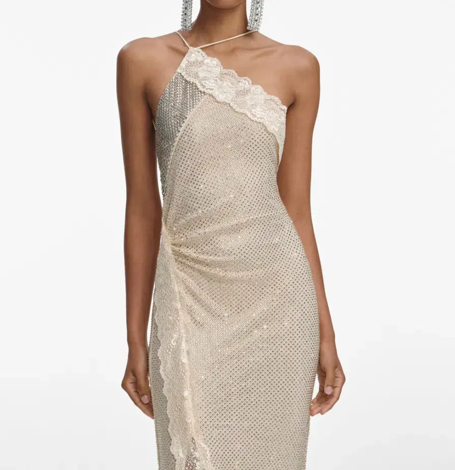 SELF-PORTRAIT CHAMPAGNE RHINESTONE LACE TRIM MAXI DRESS IN AU 8 - Image 4