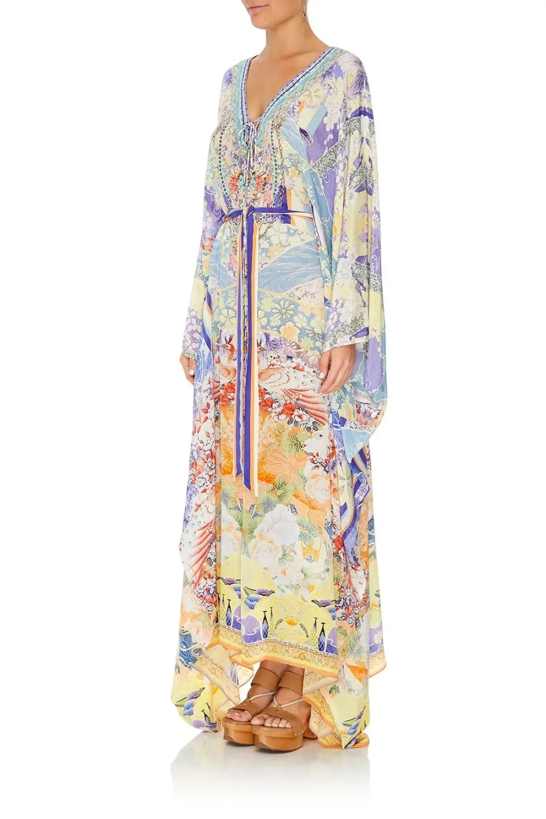 Girl In The Kimono Split Hem Lace Up Kaftan for rent on The Volte - main image