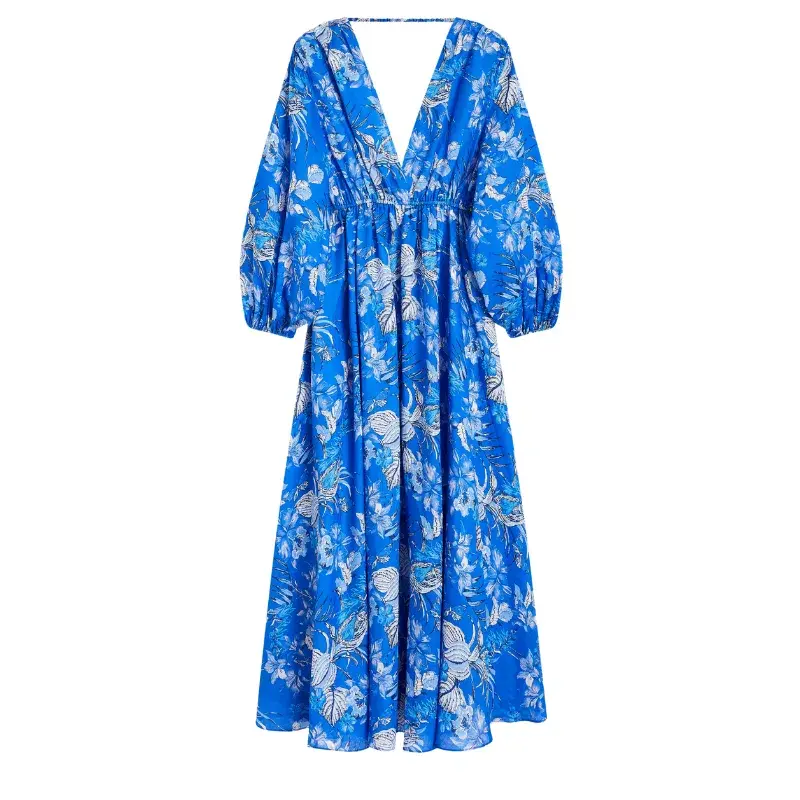 Blue paisley floral linen dress for rent on The Volte - main image