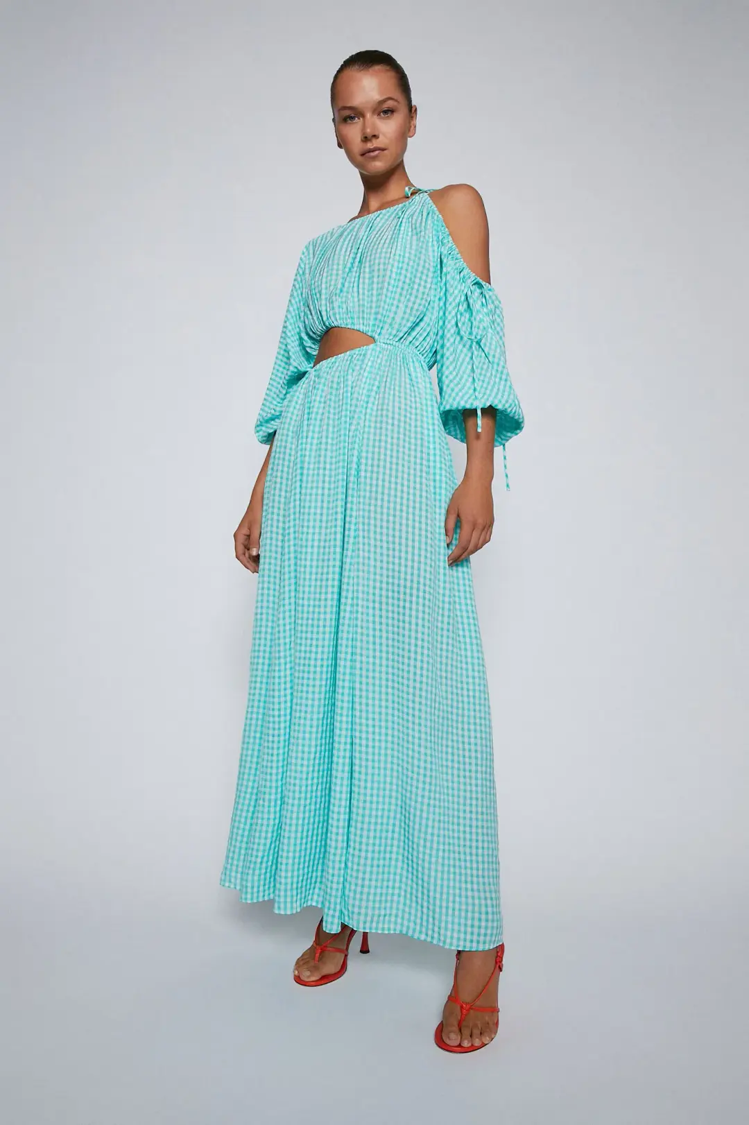 Turquoise Gingham Drawstring Dress for rent on The Volte - main image