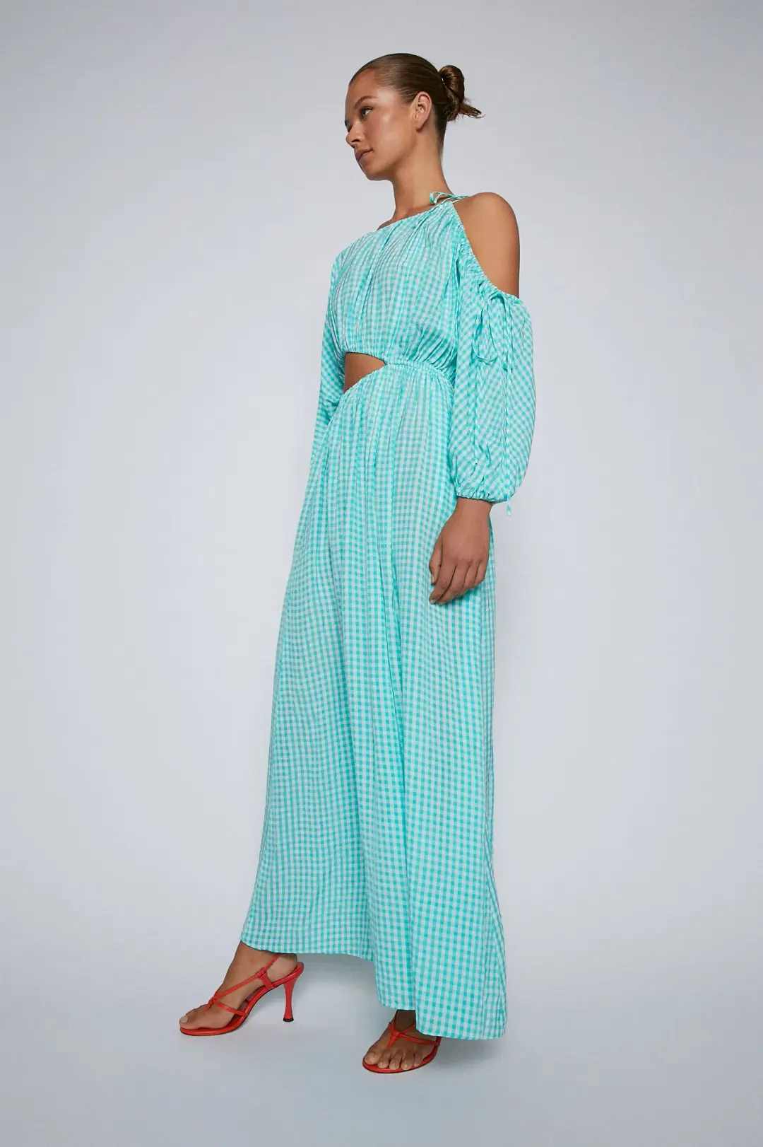 Turquoise Gingham Drawstring Dress for rent on The Volte - main image