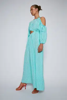 Turquoise Gingham Drawstring Dress for rent on The Volte - image 3