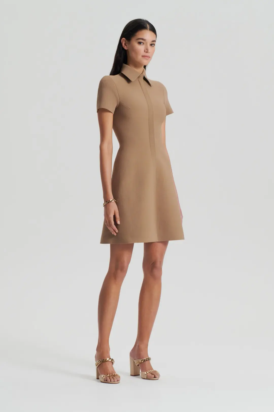 Crepe Knit Zip Shirt Mini Dress Camel for rent on The Volte - main image