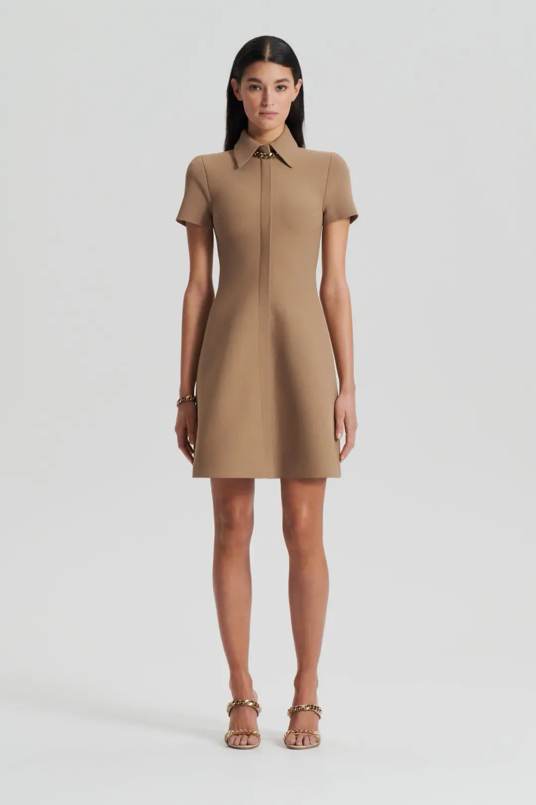 Crepe Knit Zip Shirt Mini Dress Camel for rent on The Volte - main image