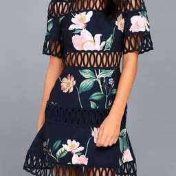 KEEPSAKE THE LABEL Whispers Floral Crochet Mini Dress Navy Garden Floral Size 8