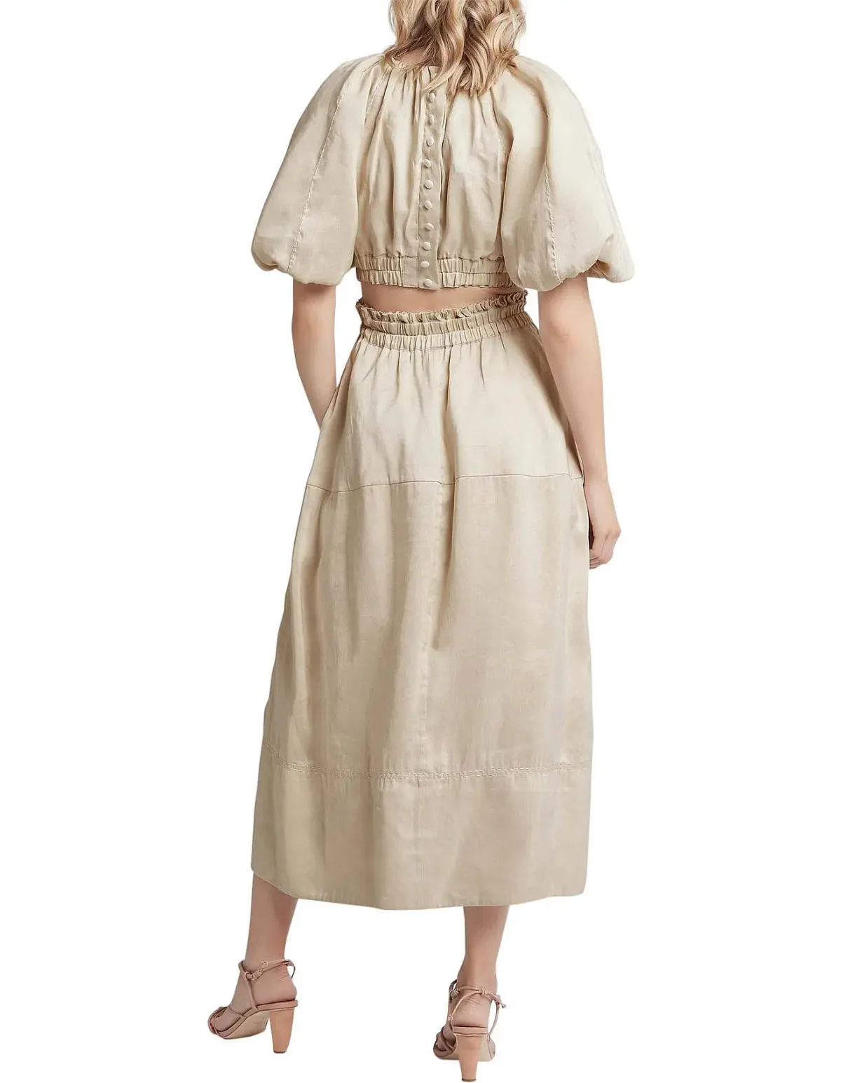 AJE Euphoria Linen Puff Sleeve Cut Out Stone Midi Dress - Image 3