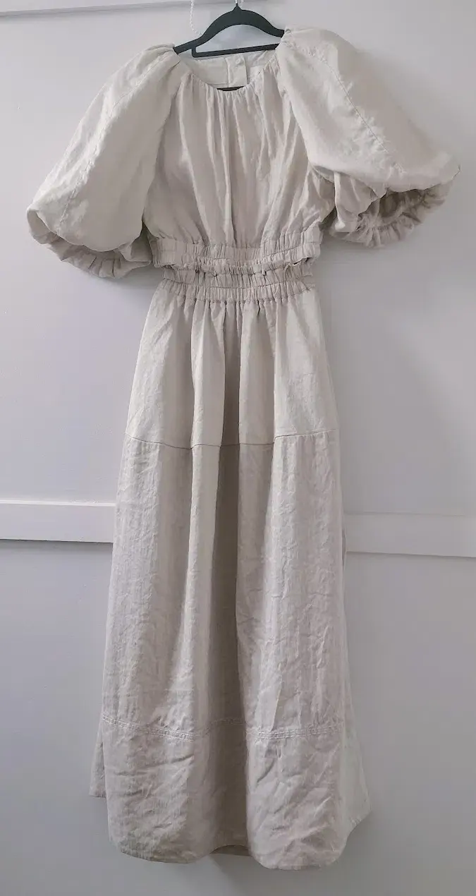 AJE Euphoria Linen Puff Sleeve Cut Out Stone Midi Dress - Image 6