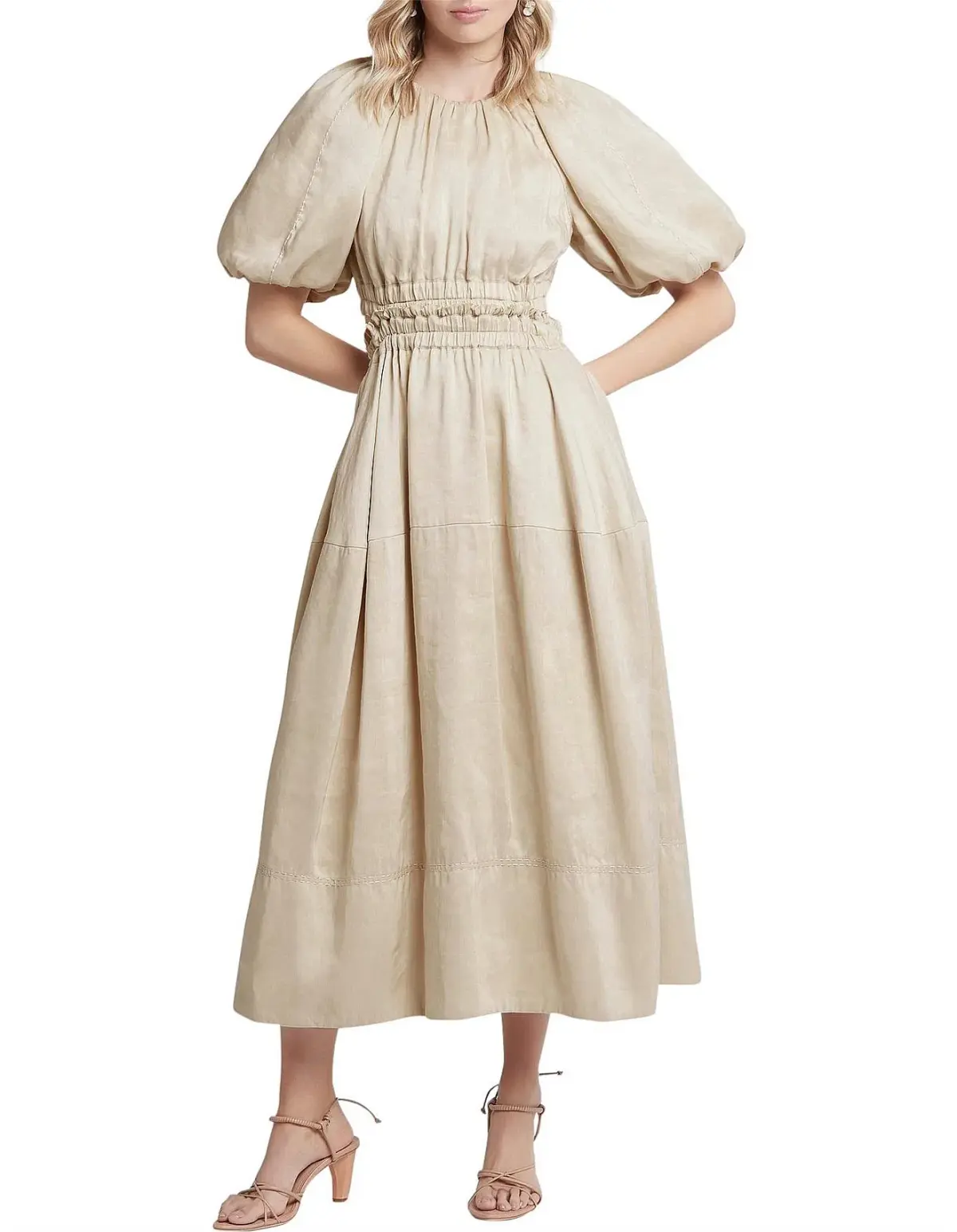 AJE Euphoria Linen Puff Sleeve Cut Out Stone Midi Dress - Image 2