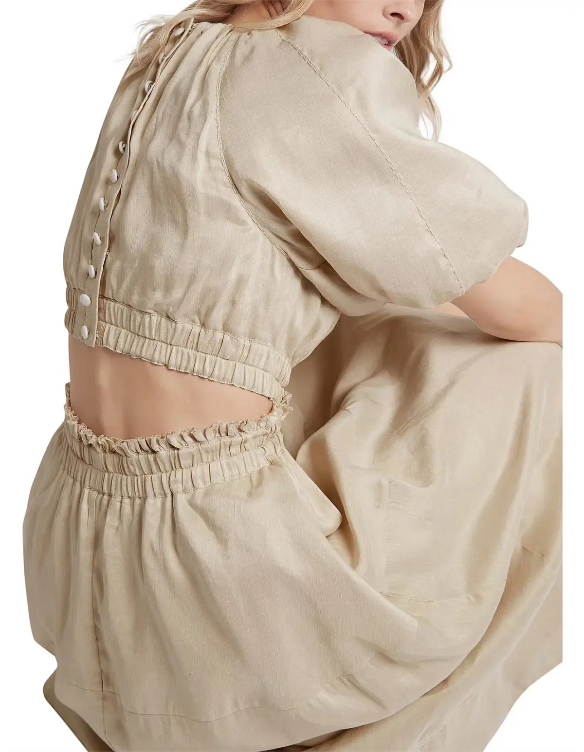 AJE Euphoria Linen Puff Sleeve Cut Out Stone Midi Dress - Image 4