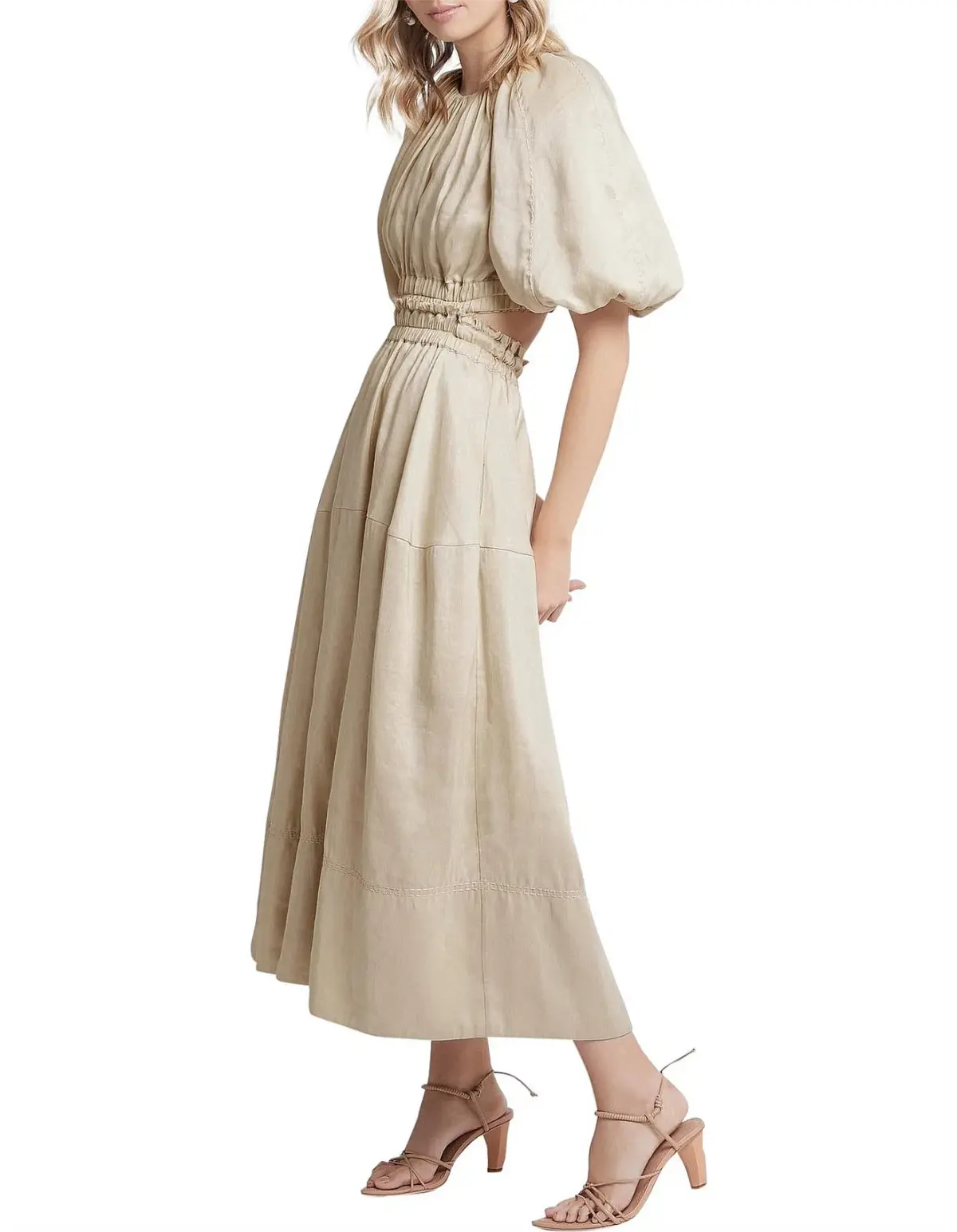 AJE Euphoria Linen Puff Sleeve Cut Out Stone Midi Dress - Image 1