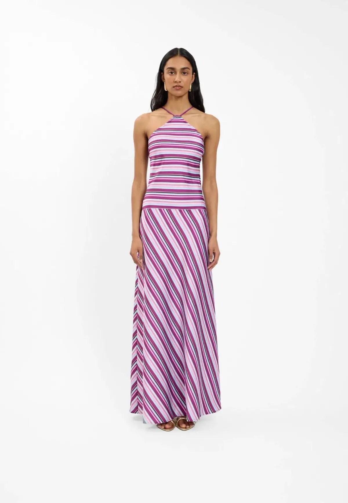 WITH HARPER LU | HALTER MAXI DRESS | VIOLET STRIPE | SIZE M/10 - Image 1