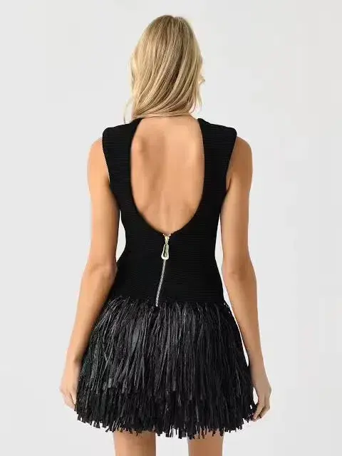 AJE Rushes Raffia Mini Dress Black Small S 8 for rent on The Volte - main image