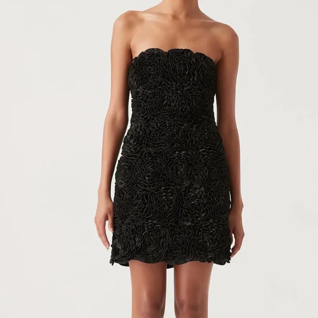 AJE Gazer Rosette Rose Mini Dress Black Medium M 10 for rent on The Volte - main image