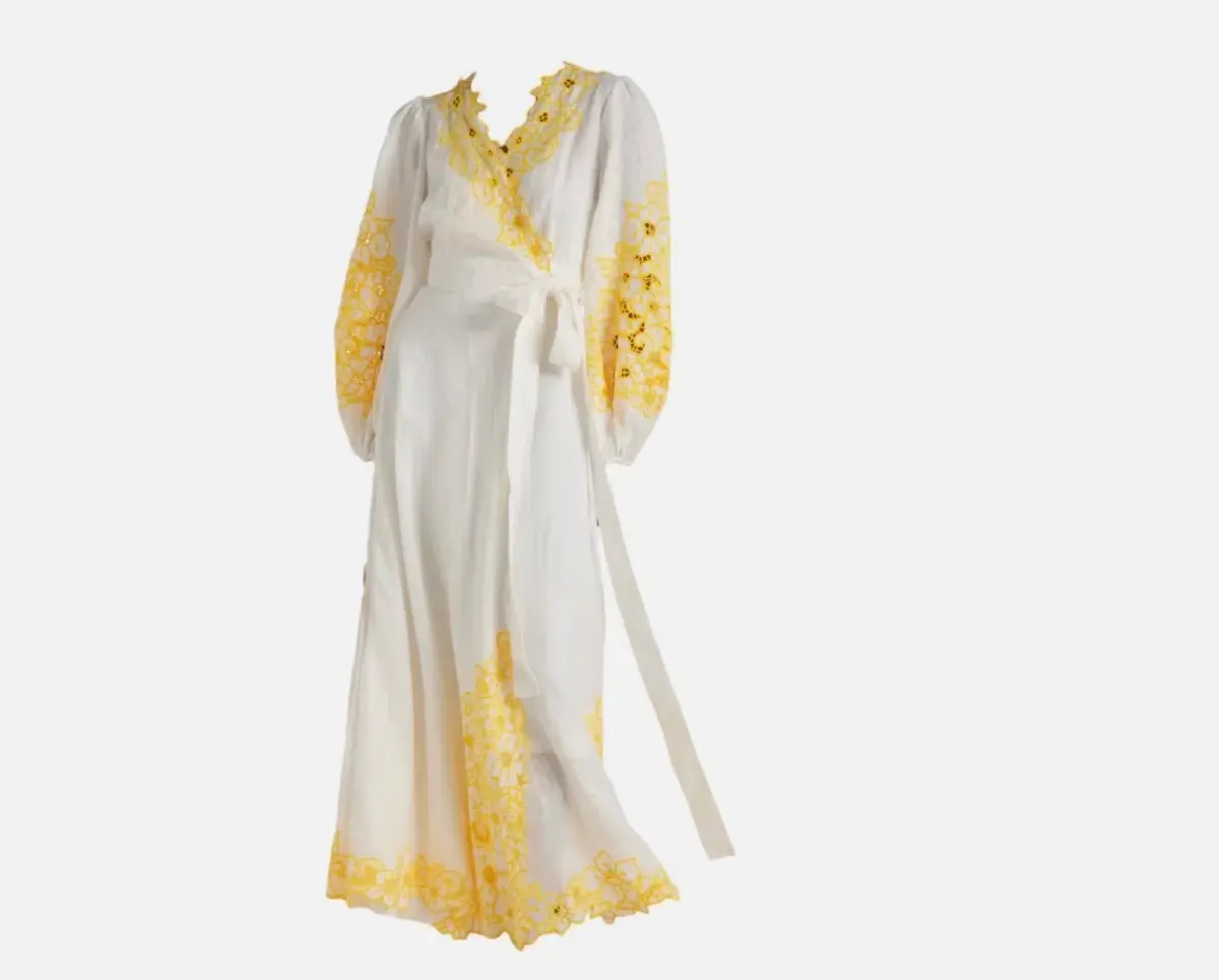 Zimmermann Golden Embroidered Midi Dress | White/Yellow, Wrap Style Size 3 /14 Anglaise, Dolman - Image 7