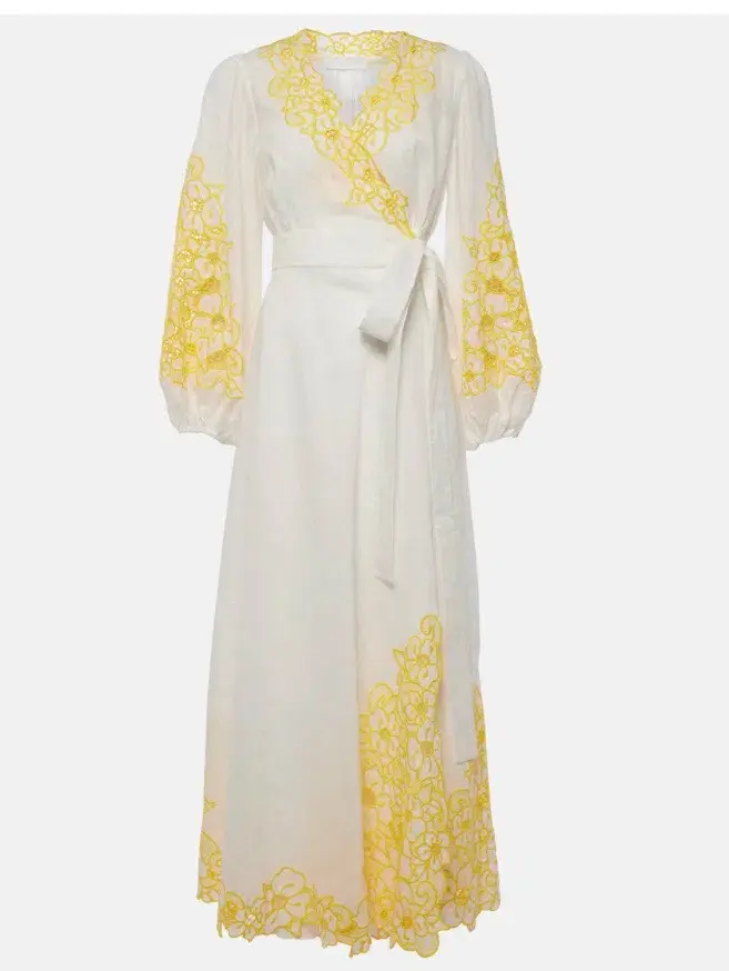 Zimmermann Golden Embroidered Midi Dress | White/Yellow, Wrap Style Size 3 /14 Anglaise, Dolman - Image 2